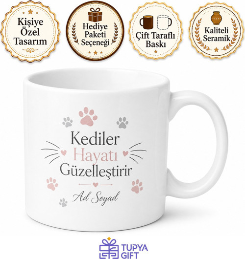 Kedi Severlere Özel Pati ve Bıyık Tasarımlı Porselen Kupa Bardak Hediye