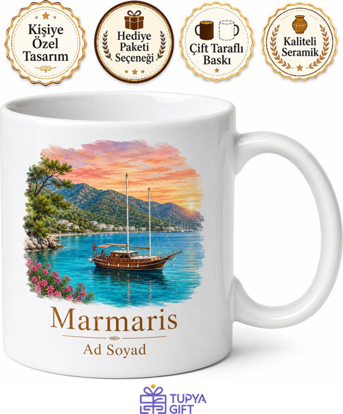 Marmaris Temalı Muğla Kupası Baskılı Hediye Porselen Kupa Bardak