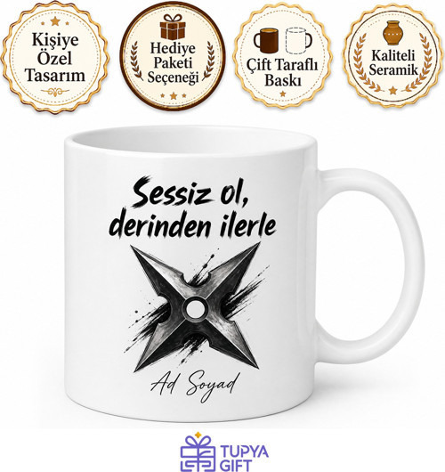 Ninja Yıldızı Shuriken Çizimli Sessiz ve Derinden İlerleyen Kupa Bardak Hediye