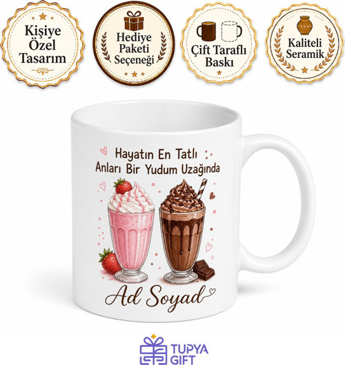 Milkshake İçenlere Çilekli Çikolatalı Milkshake Temalı Kupa Bardak Hediye