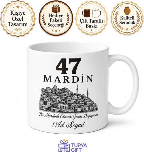 Mardin Plakalı Hediyelik Seramik Kupa Bardak - 47 Plaka Özel Tasarım Hediye