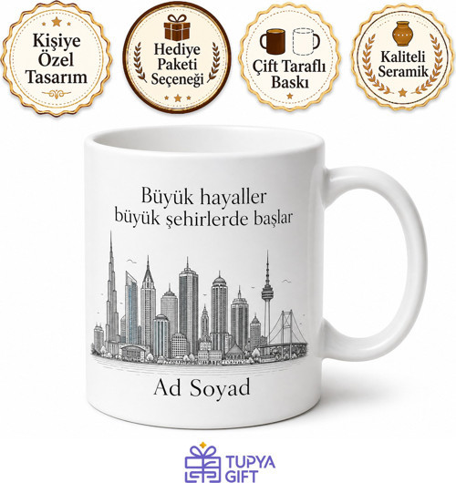 Modern Şehir Çizimli Kupa Bardak Özel Tasarım Hediye Porselen Mug