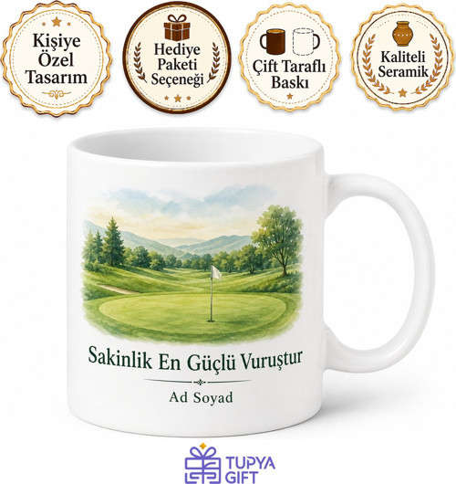 Golfçüye Hediye Yeşil Saha Delik ve Bayrak Çizimli Sakinlik Kupa Bardak