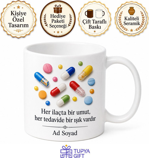 İlaç Kapsülü Temalı Baskılı Kupa Bardak Eczacı Hediye Porselen Mug