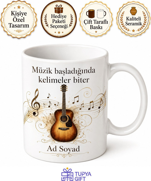 Gitar Temalı Müzisyen Kupası Özel Baskılı Hediye Bardak Porselen Kupa