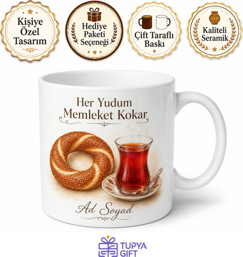 Gurbetçiye Hediye İsimli Simit Çay Temalı Baskılı Kupa Bardak Özel Tasarım