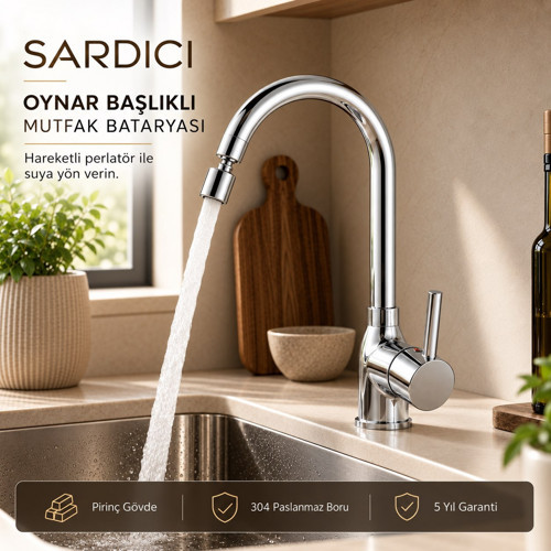 Akış Oynar Başlıklı Mutfak Bataryası 40 cm 304 Flex Hortumlu Pirinç Gövde 5 Yıl Garantili
