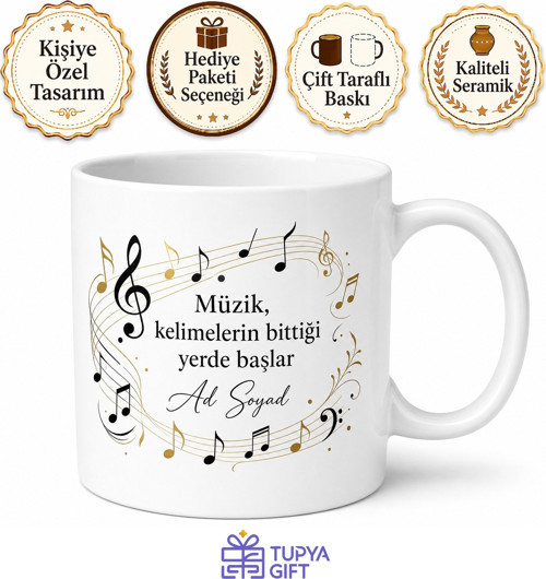 Müzik Öğretmeni İçin Kişiye Özel Nota Temalı Baskılı Kupa Bardak Öğretmen Hediyesi