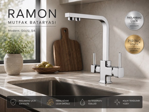 Ramon 3 Yollu Arıtmalı Mutfak Bataryası Pirinç Gövde 5 Yıl Garantili