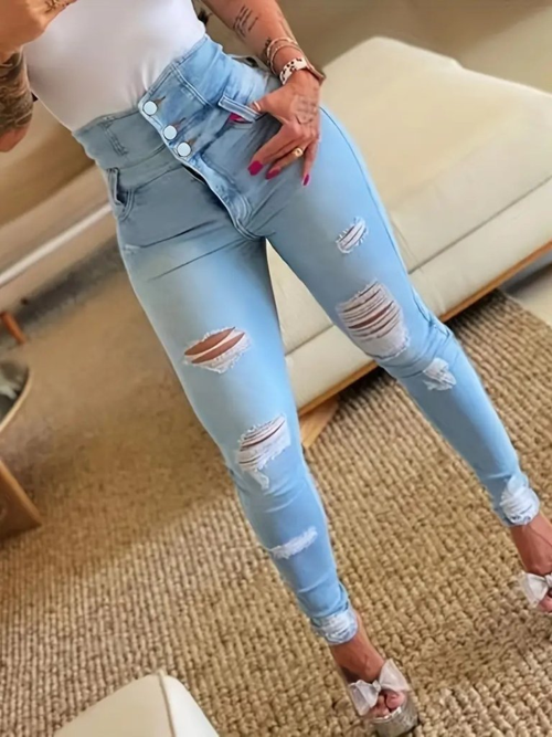 Kadın Yüksek Belli önden Düğmeli Yırtık Detaylı Kot Pantolon - Mavi / 3XL