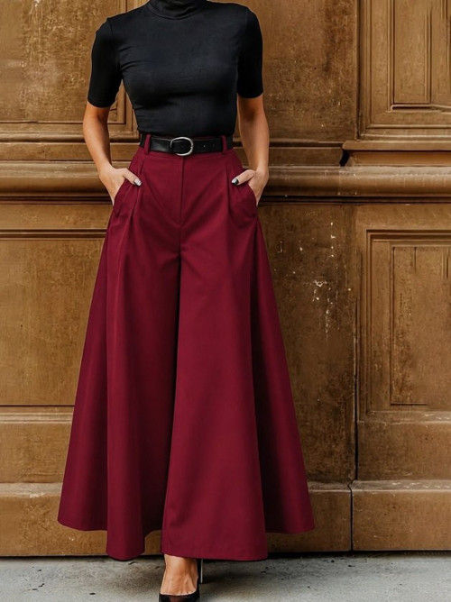 Kadın Yüksek Bel Kemerli Double Kumaş Palazzo Pantolon - Bordo / 3XL
