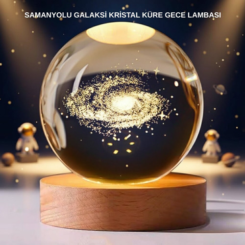 Samanyolu Desenli Kristal Küre Ahşap Standlı Gün Işığı LED Masa Lambası - TEOLSA5823-3265