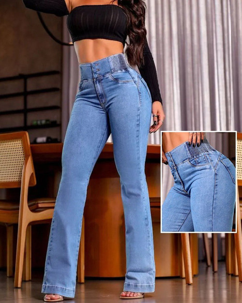 Kadın Yüksek Bel Yanları Lastik önü Düğmeli Kot Pantolon - Mavi / 36