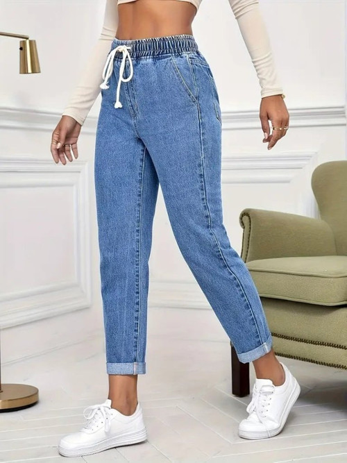 Kadın Yüksek Bel Bağcıklı Kot Pantolon - Mavi / 3XL