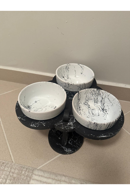 Porselen Mermer Desenli siyah 3 Lü Mama Ve Su Kabı