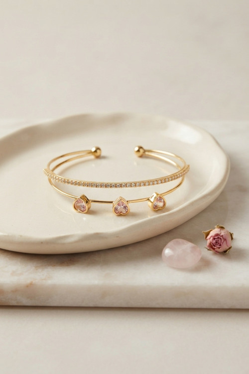 Pembe Kalp Model Zirkon Taşlı Gold Renk Kadın Bileklik TJ-BB8874