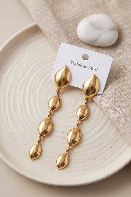 316L Çelik Gold Renk Yaprak Motifli Uzun Tasarım Küpe TJ-BKP12050