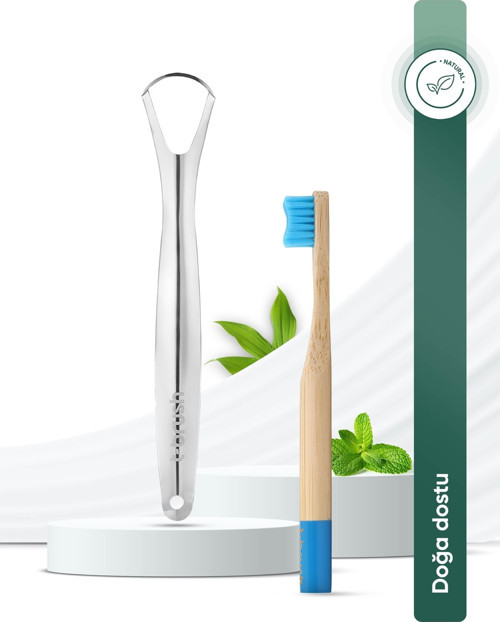 Tbrush Mavi Doğal Bambu Vegan Çocuk Diş Fırçası - Soft (Yumuşak) + Paslanmaz Çelik Dil Temizleyici