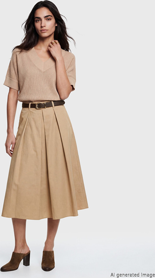 LCW Vision Bej Beli Kemerli Poplin Pileli Etek