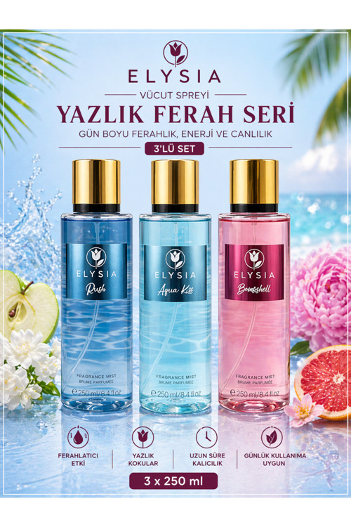 Rush & Aqua Kiss & Bomshell 3’lü Kadın Vücut Spreyi Seti 250 ml x3 – Yazlık Ferah Seri