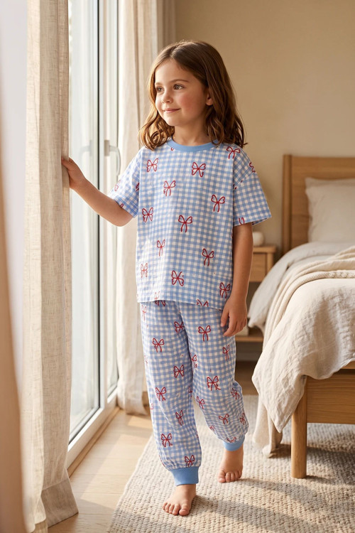 Kız Çocuk Pötikare Desenli Mavi Beyaz Renk Fiyonklu Kısa Kol %100 Pamuk Pijama Takımı