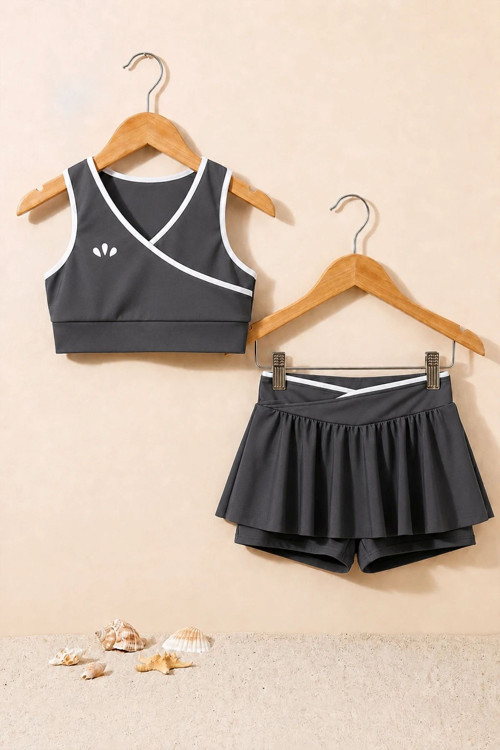 Kız Çocuk Sportif Gri Renk Crop - Şort Etek Alt Üst - Takım