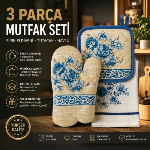 3 Parça mutfak seti fırın eldiveni tutacak havlu gül desenli havlu