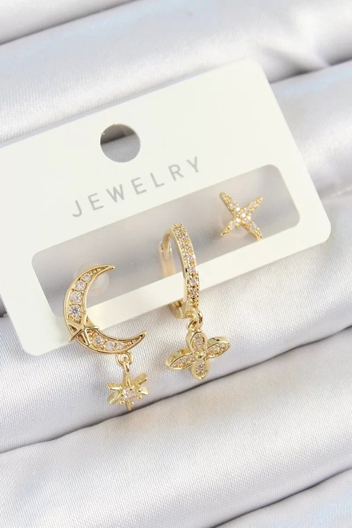 Pirinç Zirkon Taşlı Çiçek Ve Ay Model Gold Renk 3'lü Çift Kadın Küpe Set - TJ-BKP10827