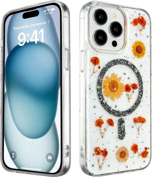 Newface Apple iPhone 14 Pro Max Kılıf Daisy Simli Magsafe Kapak - Siyah