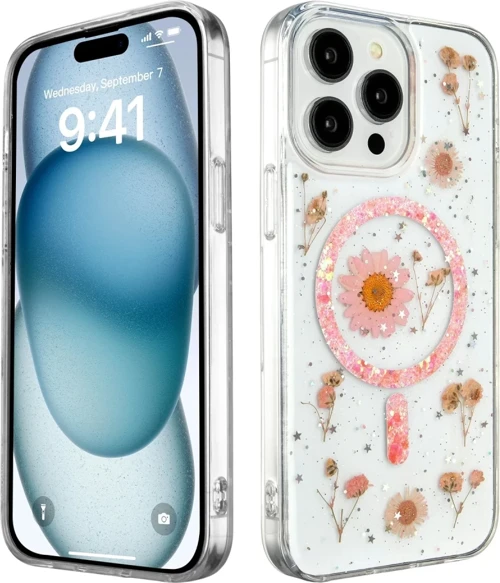 Newface Apple iPhone 15 Pro Kılıf Daisy Simli Magsafe Kapak - Pembe