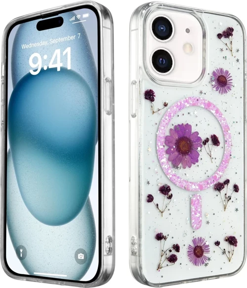 Newface Apple iPhone 12 Kılıf Daisy Simli Magsafe Kapak - Mor