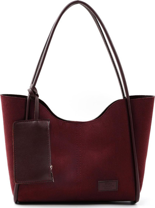 Bordo Süet Shk108 Çıtçıtlı Suni Deri Cüzdanlı Makyaj Çantalı Kadın El ve Omuz Çantası Bordo Süet