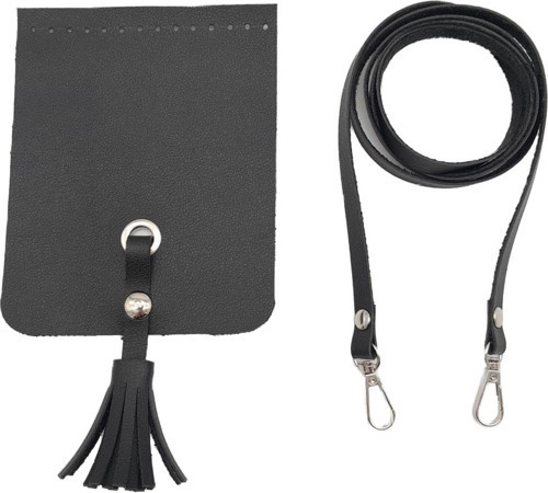 ları Aksesuar Siyah Suni Deri Püskül Kapaklı Cep Telefonu Mini Bag Seti Gümüş Metal
