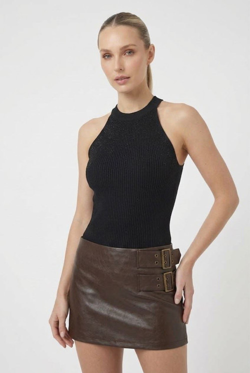 Kadın Taşlı Fitilli Halter Yaka Crop Bluz Uzun