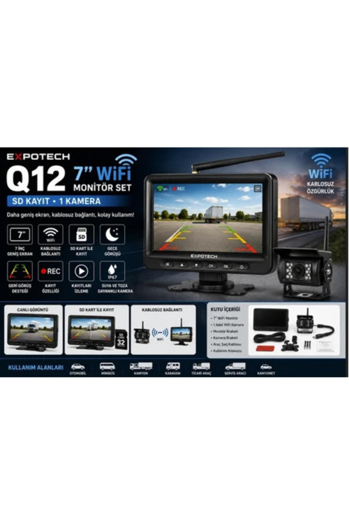 Q12 7" Wifi Araç Kamera Seti 1 Kameralı Sd Kayıtlı Geri Görüş Monitörü Gece Görüşü (Ex-7001W)