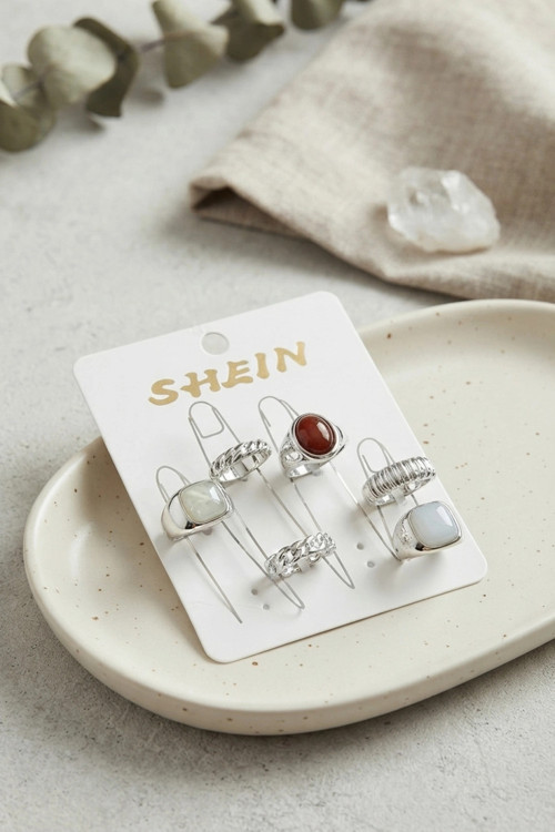 Gümüş Renk Pirinç Taş Detaylı Bohem Yüzük Kombini BYK4279