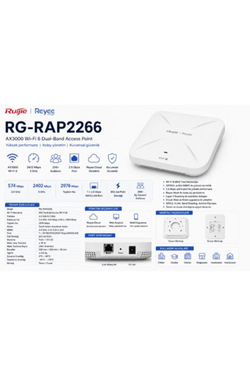 Rg-Rap2266 Wifi 6 10/100/1000 Iç Ortam Access Point - Dual-Band, Ax3000.