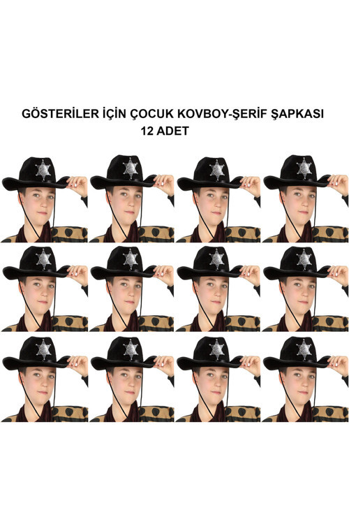 Kovboy Şerif Şapkası Siyah 12 Adet - Kostüm, Parti ve Gösteri Şapkası