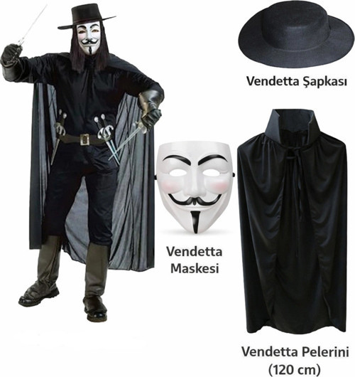 Vendetta Kostüm Seti – Şapka Maske Pelerin (120 Cm)