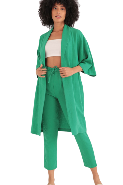 Rahat Kesim Kimono Üst-Yeşil