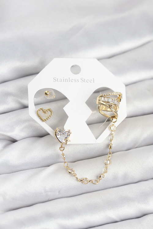 Pirinç Gold Renk Kalp Model Zincir Bağlantılı Ear Cuff Küpe Seti TJ-BKP11541