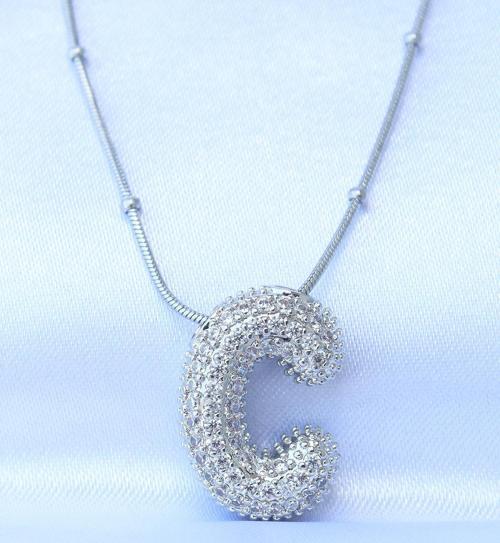 316L Çelik Zincirli Zirkon Taşlı C Harfli Gümüş Renk Bubble Kolye - EBJ240608W24822