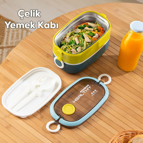 Porsima 66729 Stainless Steel Vakumlu Lunch Box İki Katlı Paslanmaz Çelik Kolay Kilitlenir Kendinden Kaşıklı Sefer Tası 1300ml Mavi-Sarı