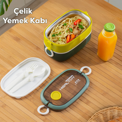 Porsima 66729-2 Stainless Steel Vakumlu Lunch Box İki Katlı Paslanmaz Çelik Kolay Kilitlenir Kendinden Kaşıklı Sefer Tası 1300ml Yeşil-Sarı