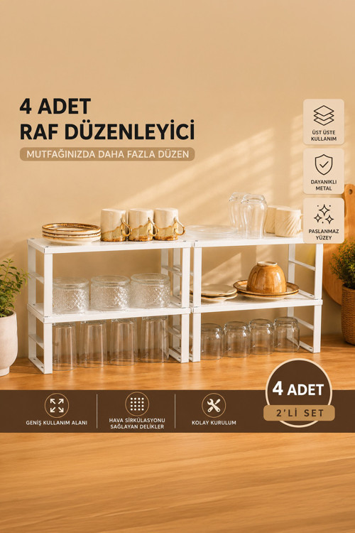 ORG-02 4lü Raf Düzenleyici - Dolap İçi Düzenleyici Raf - Tabak Bardak Rafı - Raf Yükseltici