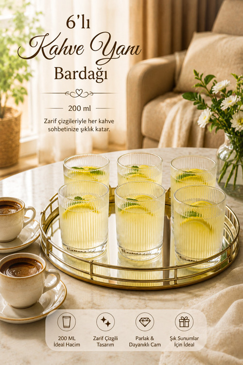 Berrak 13938-1 6'lı İnce Çizgili Cam Kahve Yanı Su Bardak Seti – 200 ml / cc Meşrubat & İkram Bardağı