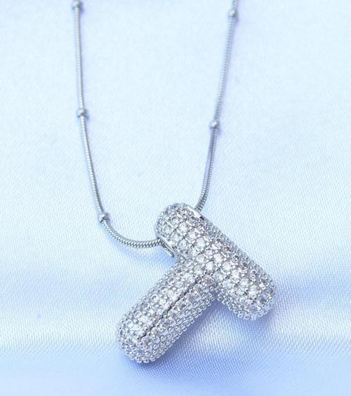 316L Çelik Zincirli Zirkon Taşlı T Harfli Gümüş Renk Bubble Kolye - EBJ240608W24827