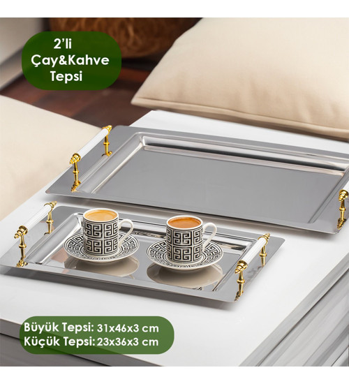 Porsima Saray 2'li Paslanmaz Çelik Kahve Tepsisi Dikdörtgen Gümüş Tepsi Gold Beyaz Detaylı Dekoratif Servis Sunum Tepsisi