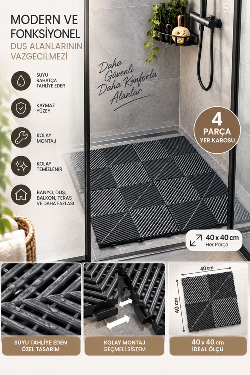 0775 Antrasit Geçmeli Plastik Yer Karosu 4'lü Set – Kaymaz Izgaralı Balkon, Banyo & Teras Zemin Karo (40x40 cm)