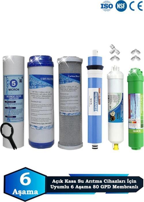 Açık Kasa Su Arıtma Cihazı Uyumlu 6 Aşama Cift Karbonlu 80 GPD Membranlı Alkalinli Filtre Bakım Seti